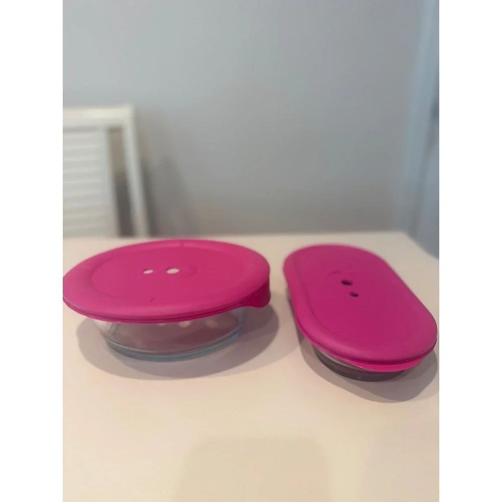 Pyrex Glass Food Storage Set 2pc Pink Vented Lids Divided 3.6 Cup & 2 Cup Round